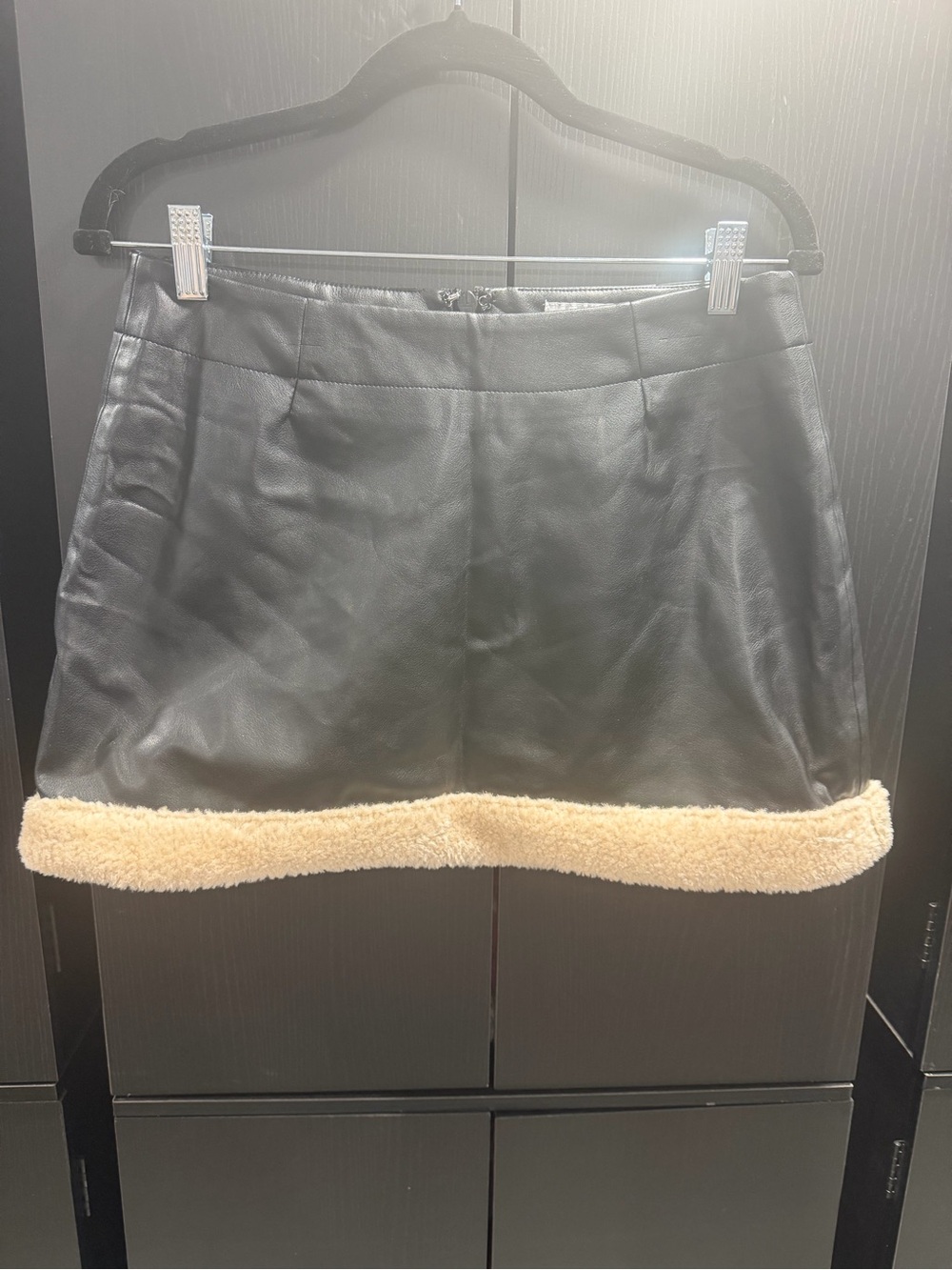 WeWoreWhat Black Faux Leather Shorts with Cream Shearling Trim